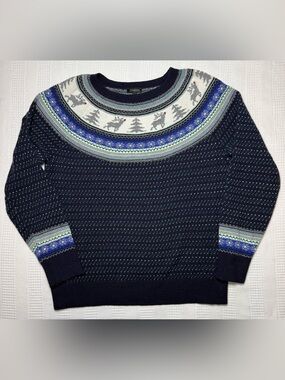 Talbots Reindeer Fair Isle Sweater Navy Blue Nordic Christmas Holiday Crewneck L